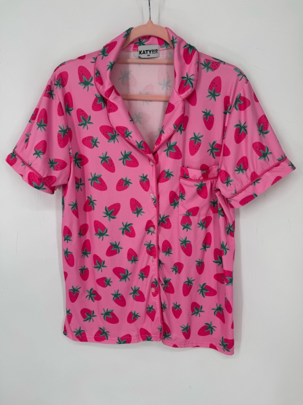 Katydid Women's Pink Strawberry Printed Button Down Pajama Top Size Medium
